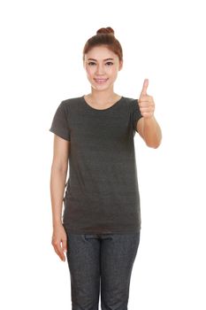 woman in blank black t-shirt with thumbs up isolated on white background