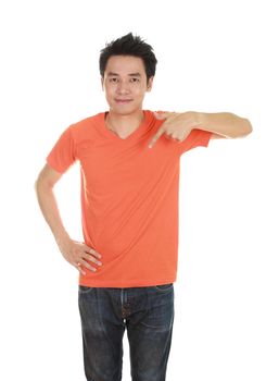 man with blank orange t-shirt isolated on white background