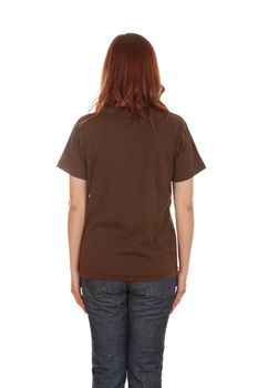 female with blank brown t-shirt (back side) isolated on white background