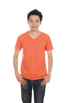 man with blank orange t-shirt isolated on white background