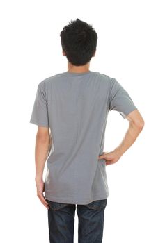 man with blank gray t-shirt (back side) isolated on white background