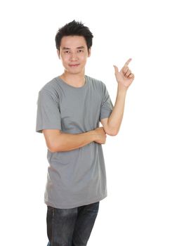 man think of idea with gray t-shirt isolated on white background