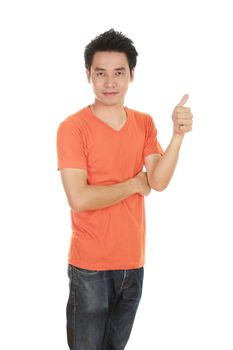 man in blank orange t-shirt with thumbs up isolated on white background