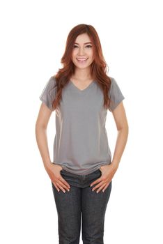 young beautiful female with blank gray t-shirt isolated on white background