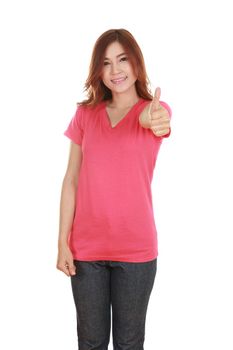 woman in blank pink t-shirt with thumbs up isolated on white background