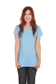 young beautiful female with blank blue t-shirt isolated on white background