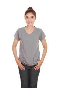 young beautiful female with blank gray t-shirt isolated on white background