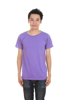 man with blank purple t-shirt isolated on white background