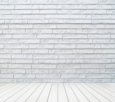 room interior with brick wall and white wood floor background