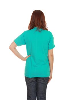 female with blank green t-shirt (back side) isolated on white background