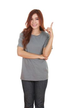 Woman think of idea with gray t-shirt isolated on white background