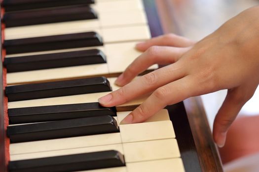 Close up of hands playing the classic wood  piano