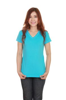 young beautiful female with blank green t-shirt isolated on white background