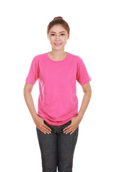 young beautiful female with blank pink t-shirt isolated on white background