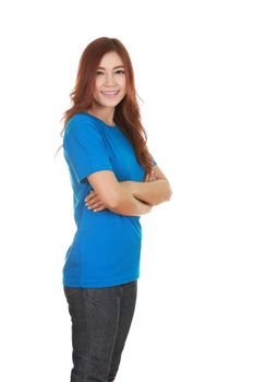 woman with arms crossed, wearing blue t-shirt isolated on white background.