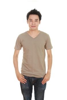 man with blank brown t-shirt isolated on white background