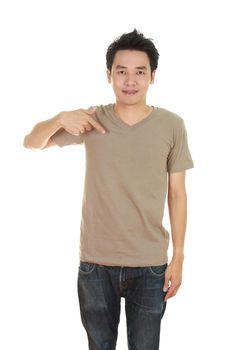 man with blank brown t-shirt isolated on white background