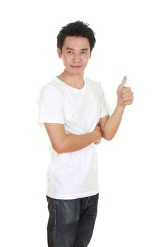 man in blank t-shirt with thumbs up isolated on white background