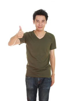 man in blank green t-shirt with thumbs up isolated on white background