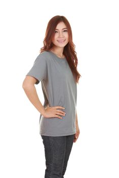 young beautiful female with gray t-shirt (side view) isolated on white background