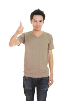 man in blank brown t-shirt with thumbs up isolated on white background