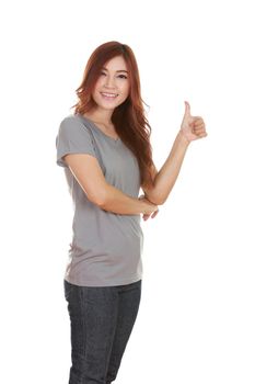 woman in blank gray t-shirt with thumbs up isolated on white background