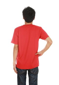 man with blank red t-shirt (back side) isolated on white background