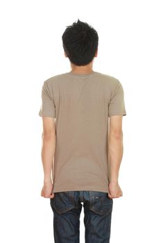 man with blank brown t-shirt (back side) isolated on white background