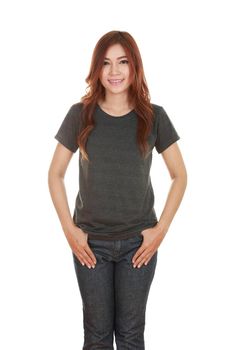 young beautiful female with blank black t-shirt isolated on white background