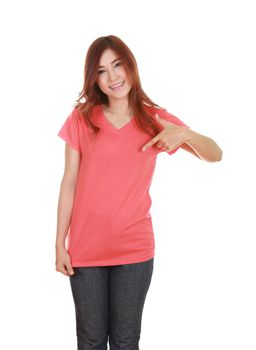 young beautiful female with blank t-shirt isolated on white background