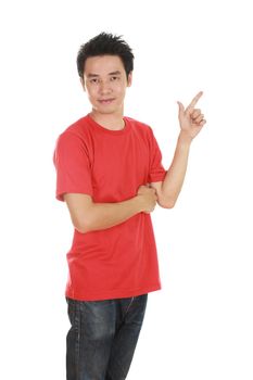 man think of idea with red t-shirt isolated on white background