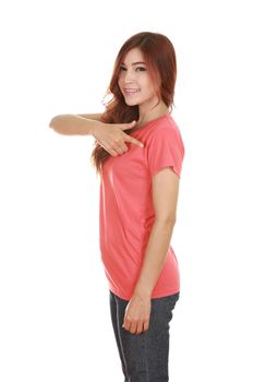 young beautiful female with t-shirt (side view) isolated on white background