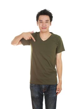 man with blank green t-shirt isolated on white background