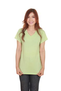 young beautiful female with blank green t-shirt isolated on white background