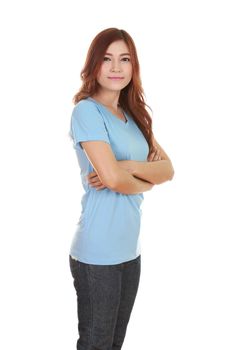 woman with arms crossed, wearing blue t-shirt isolated on white background.