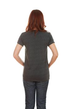 female with blank black t-shirt (back side) isolated on white background