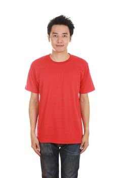 man with blank red t-shirt isolated on white background