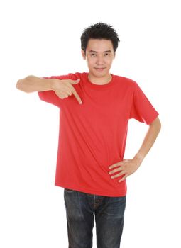 man with blank red t-shirt isolated on white background