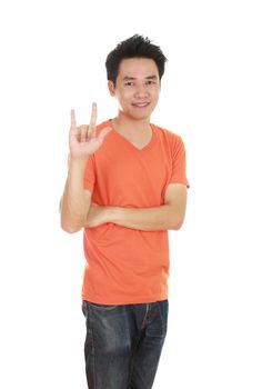 man in orange t-shirt with hand sign I love you isolated on white background