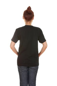 female with blank black t-shirt (back side) isolated on white background