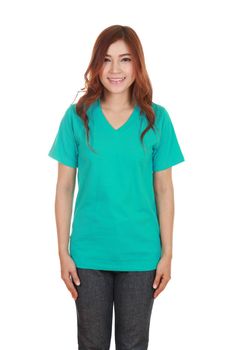 young beautiful female with blank green t-shirt isolated on white background