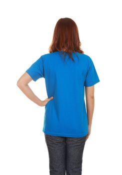 female with blank blue t-shirt (back side) isolated on white background