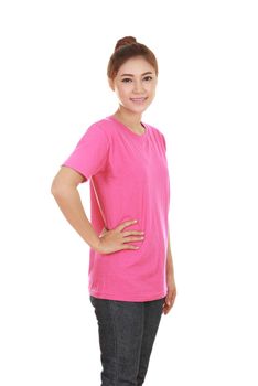 young beautiful female with pink t-shirt (side view) isolated on white background