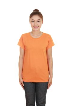 young beautiful female with blank orange t-shirt isolated on white background