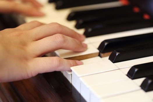 Close up of hands playing the classic wood  piano