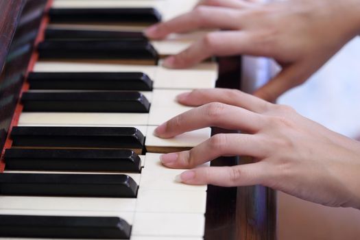 Close up of hands playing the classic wood  piano