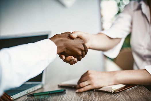 Handshake Of Two Business Women, Caucasian And African Women In White Formalwear Shaking Hands In Agreement At Business Meeting In Modern Office, Female Business Concept, Toned Image