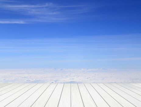 white wood terrace with cloud and sky