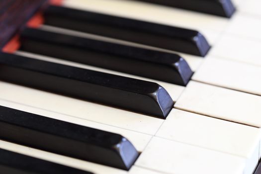 Close-up of piano keys and wood grain 