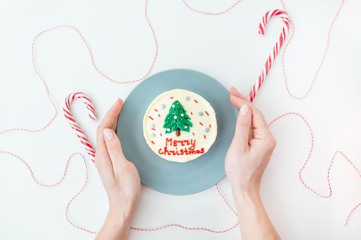 A girl holds a plate with a Christmas cake with the inscription Merry Christmas, decorated with icing, on a white background with lollipops and a red thread for gifts